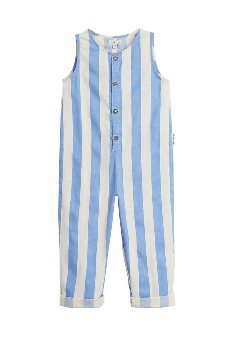 Blau-weißer gestreifter ärmelloser Jumpsuit mit vorderen Knöpfen, hochgekrempelten Ärmeln und weichem Baumwollstoff. Mit einem Etikett an der Seitennaht.