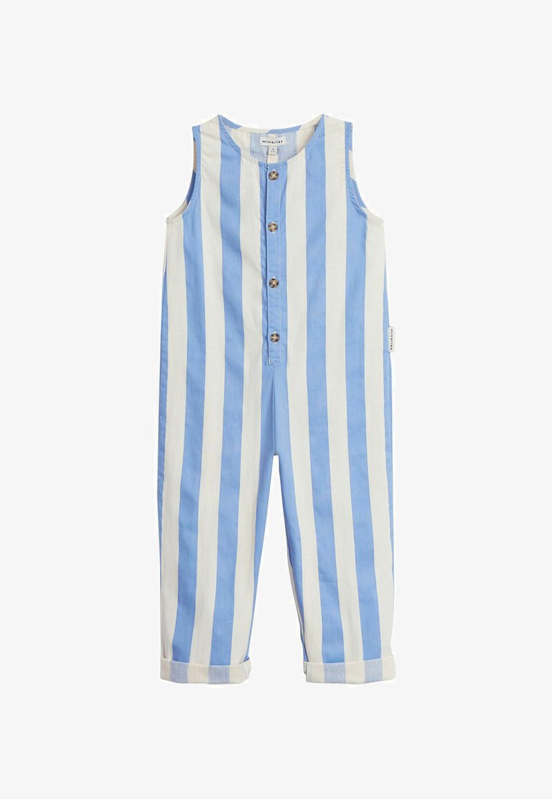 Blauwe en witte gestreepte mouwloze jumpsuit met voor knopen, opgerolde mouwen en zachte katoenstof. Bevat een label op de zijnaad.
