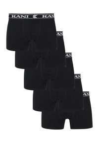 Schwarze Baumwollboxershorts mit einem elastischen Bund mit KANI-Logodruck. Fünf Paare werden mit einer glatten, dehnbaren Textur und ohne sichtbare Muster präsentiert.