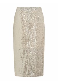 Beige blyertkjol med vertikala rader av paljetter som tonas från tät till gles. Slät tygkvalitet, knä-lång, skräddarsydd design.