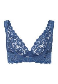 Krajkový bralet v tmavě modré barvě, s květinovými vzory, hlbokým výstřihem, širokými ramínky a zapínáním na háček a oko na zadní straně.