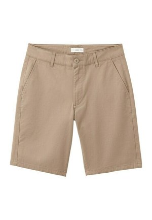 Shorts décontractés beige avec fermeture à bouton, passants pour ceinture et poches latérales, en tissu de coton.