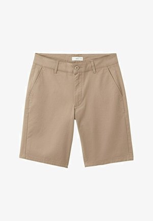 Pantaloncini casual beige con chiusura a bottoni, passanti per cintura e tasche laterali, realizzati in tessuto di cotone.