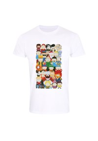 Hvid bomulds T-shirt med et trykt grafisk motiv af forskellige tegneseriefigurer arrangeret i et gitter, der viser mangfoldige ansigtsudtryk og outfits.