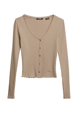 Beige gerippter Cardigan mit langen Ärmeln, V-Ausschnitt, vorderen Knöpfen und kurzer Länge. Verfügt über feine Nähte und ein kleines Logo-Detail.
