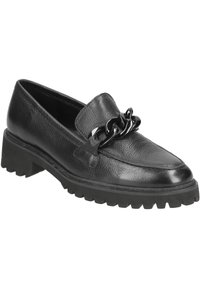 Schwarze Lederloafer mit strukturiertem Finish, ausgestattet mit einem klobigen schwarzen Kettenakzent und einer dicken, robusten Sohle.