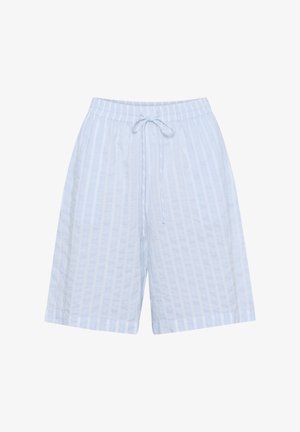 Svetlo modri kratki hlače z vzorcem, izdelane iz zračnega materiala, z elastičnim pasom in vrvico, ki zagotavlja sproščen slog.