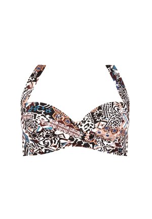 Biustonosz bikini z fiszbinami w wielokolorowy wzór ze zwierzęcymi i geometrycznymi motywami, z skręconym przodem i regulowanymi ramiączkami.