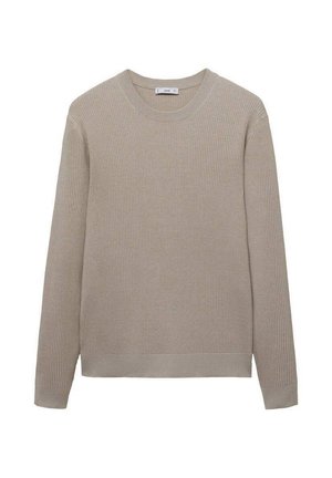 Beige ribbed sweater with long sleeves and a round neckline. Smooth texture with a fitted hem and cuffs, featuring subtle stitching details.