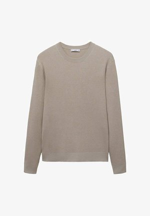 Maglione beige a coste con maniche lunghe e scollo rotondo. Tessuto liscio con orlo e polsini aderenti, caratterizzato da dettagli di cucitura sottili.