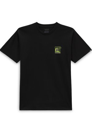 Czarny, krótki T-shirt Vans z małą zieloną i żółtą grafiką na klatce piersiowej oraz metką z logiem Vans na lewym rękawie.