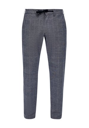 Grijze geruite broek met een elastische tailleband, slim fit en subtiele blauwe accentlijnen, gemaakt van een lichtgewicht, gestructureerde stof.
