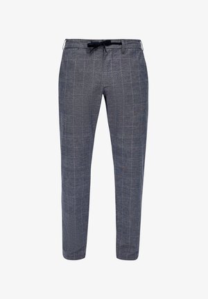Grijze geruite broek met een elastische tailleband, slim fit en subtiele blauwe accentlijnen, gemaakt van een lichtgewicht, gestructureerde stof.