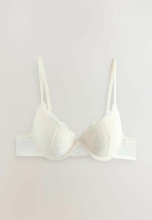 Biele čipkované podprsenka s vzorovanými pohárikmi a hladkými ramienkami, s ozdobným okrajom a pevným pásom pre oporu.