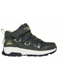 Grüne und schwarze wasserdichte Wanderschuhe aus Mesh- und Synthetikmaterialien, mit strukturierten Seitenpaneelen, verstellbarem Riemen und robusten Sohlen.