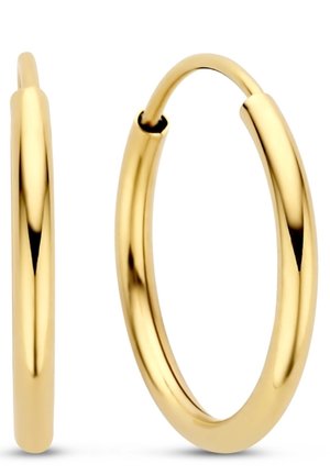 Paire de boucles d'oreilles créoles en or poli avec surfaces lisses et arrondies, dotées de fermoirs à charnière pour une fermeture sécurisée.