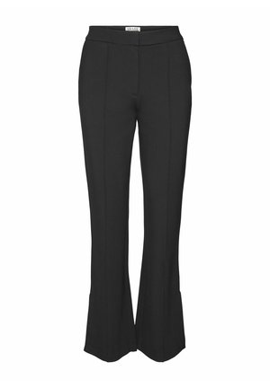 Pantaloni neri a zampa d'elefante realizzati in tessuto liscio, con vita piatta e cuciture verticali per un look sartoriale. Senza tasche né decorazioni.