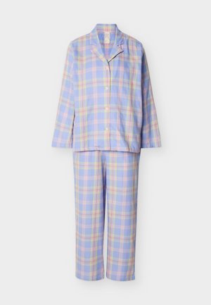 Set de pijamale din două piese cu model în carouri pastelate în albastru, roz și galben, format din bluză cu nasturi și mâneci lungi și pantaloni drepti.