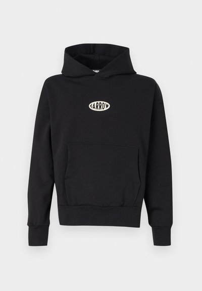 Sudadera negra de algodón, con un bolsillo canguro en la parte frontal, puños acanalados y un logotipo bordado de "ARROW" en color crema.