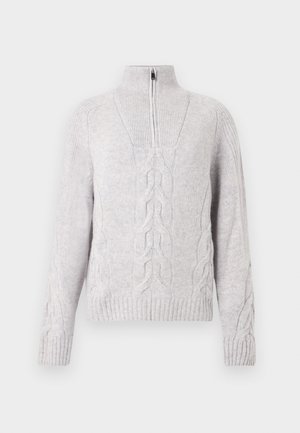 Light gray zip-neck sweater made of cable-knit material, featuring a ribbed hem and cuffs, with a textured vertical design on the front.