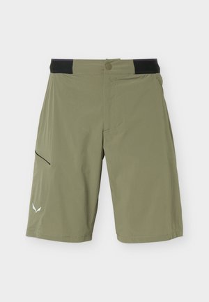 Jasnooliwkowe spodenki do kolan z czarnym elastycznym pasem, boczną kieszenią, zapięciem na guzik oraz małym białym logo na lewej nodze.