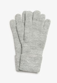 Guantes gris con textura suave y canalé, con un puño doblado y el logo bordado "Super Dry" en blanco.