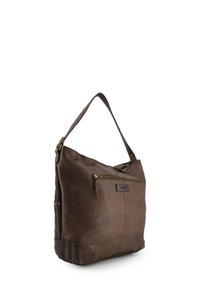 Brown leather shoulder bag with a textured side, zippered front pocket, and a flat strap. Features a branded label on the front.