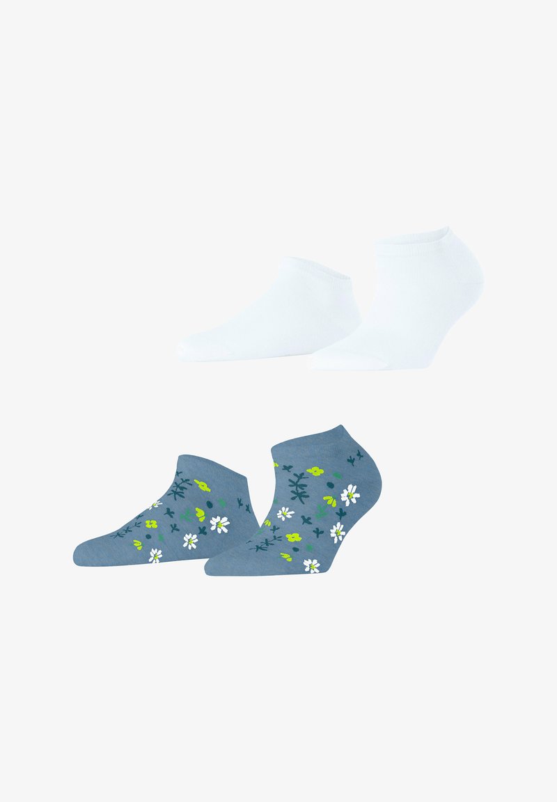 Weiße Knöchelsocken und graue Socken mit floralem Muster in Grün und Weiß, aus weichem Stoff, mit niedrigem Schnitt, geeignet für lässige Bekleidung.