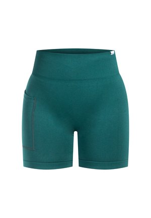 Tumman teal väriset ylipitkät urheilushortsit, joissa on leveä ribbireunusvyötärö ja vasemmassa reisissä sivutasku.