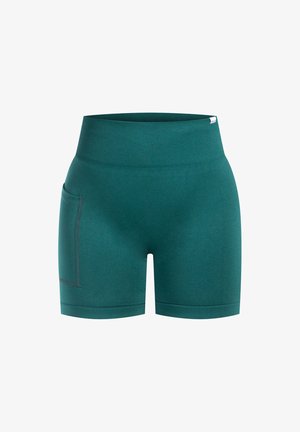 Tumman teal väriset ylipitkät urheilushortsit, joissa on leveä ribbireunusvyötärö ja vasemmassa reisissä sivutasku.