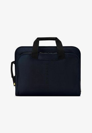 Borsa per laptop blu navy con texture sottile in rilievo, doppie maniglie nere e una tasca laterale con un accento giallo. Logo impresso sul davanti.
