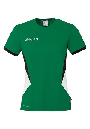 T-shirt de sport vert à manches courtes avec des panneaux latéraux noirs et blancs, des poignets de manches noirs et le logo "uhlsport" sur la poitrine.