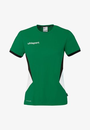 Groen sportshirt met korte mouwen, zwarte en witte zijpanelen, zwarte mouwboorden en het "uhlsport"-logo op de borst.