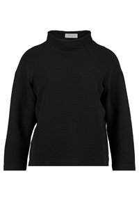 Sort, langærmet ribstrikket sweater med høj hals og afslappet pasform.