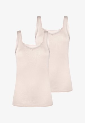 Zwei hellbeige Trägershirts aus weichem Stoff, mit dünnen Trägern und einem V-Ausschnitt. Glatte Textur ohne sichtbare Muster.