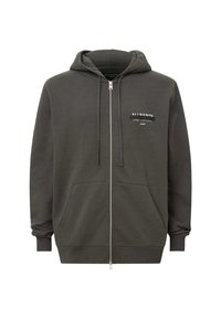 Hoodie mit Reißverschluss aus dunkelgrauer Baumwollmischung. Verfügt über Fronttaschen, gerippte Bündchen und einen weißen Logodruck auf der Brust.