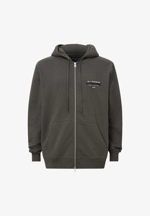 Sudadera con capucha y cremallera en mezcla de algodón gris oscuro. Cuenta con bolsillos frontales, puños acanalados y una impresión del logotipo blanco en el pecho.