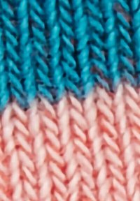 Knitted fabric featuring a gradient design with bright turquoise at the top transitioning to soft pink at the bottom, showcasing textured stitches.