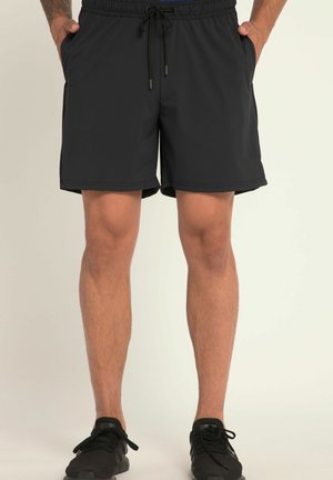 Sorte atletiske shorts lavet af letvægtsstof, med en elastisk talje med snoretræk, sidelommer og lige pasform.