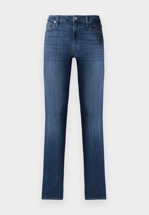 Janes de ganga azul-escuro com corte reto, design clássico de cinco bolsos, fecho frontal com botão e desvanecimento subtil para um efeito usado.
