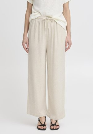 Beige wide-leg pants made of lightweight fabric with a drawstring waist and a smooth, slightly textured surface. Paired with black sandals.