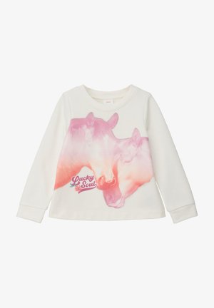 Long-sleeve cream sweatshirt featuring a pink graphic of two cows and "Lucky Soul" text with a floral accent on the front. Soft material.