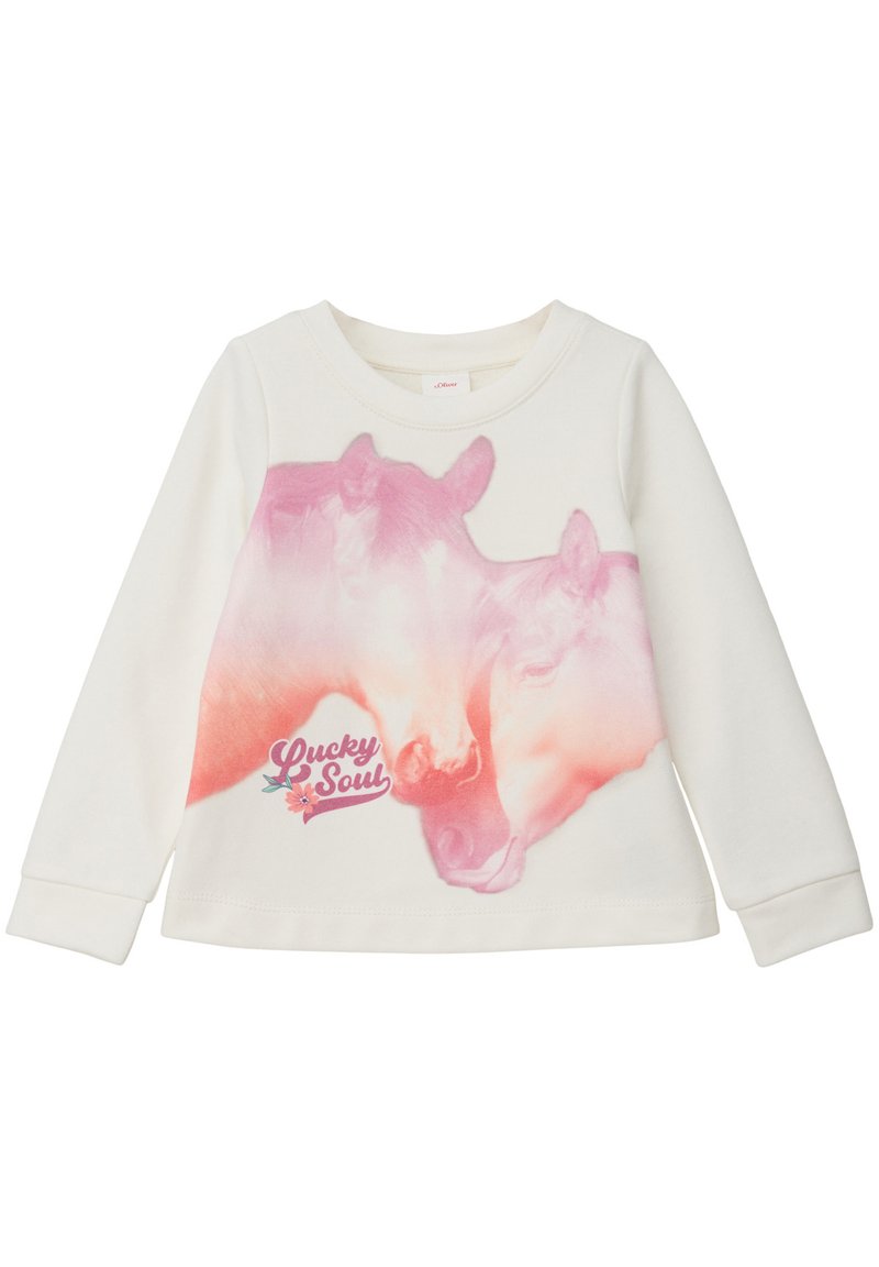 Sweatshirt crème à manches longues avec un graphisme rose représentant deux vaches et le texte "Lucky Soul" accompagné d'un accent floral à l'avant. Matière douce.