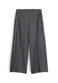 Pantalon court à jambes larges en tissu maille gris foncé avec taille élastique et poches latérales.