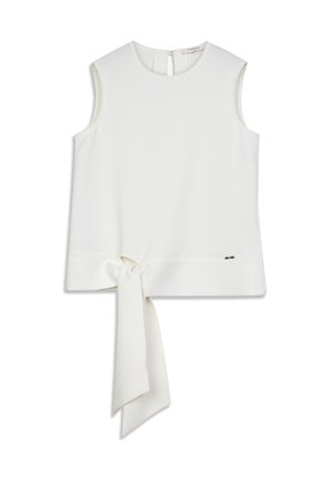 Haut blanc sans manches avec un col rond et un détail noué à l'ourlet. Tissu doux avec une texture lisse ; comporte une petite étiquette de la marque.