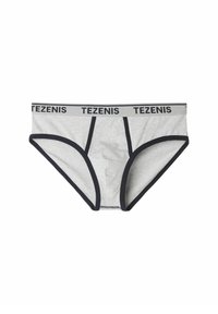 Szare majtki typu slip z czarnym elastycznym pasem, na którym widnieje napis "TEZENIS". Posiadają kontrastowe czarne wykończenia na brzegach oraz gładką teksturę.