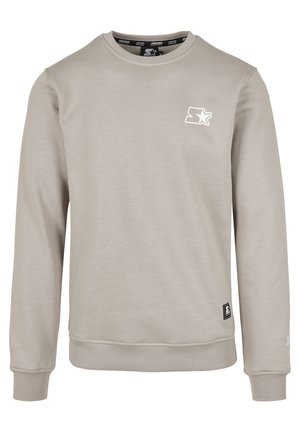 Light gray sweatshirt with a round neckline and long sleeves. Features a small white star logo on the chest and ribbed cuffs and hem.