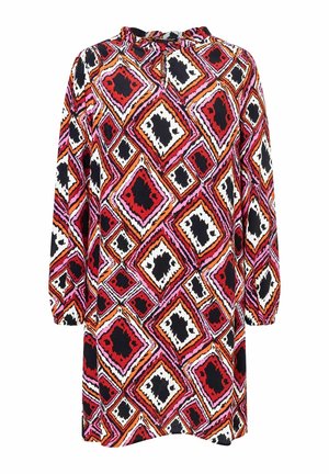 Abito a maniche lunghe con un vivace motivo geometrico in rosso, rosa, nero e bianco. Tessuto setoso con scollatura arricciata.
