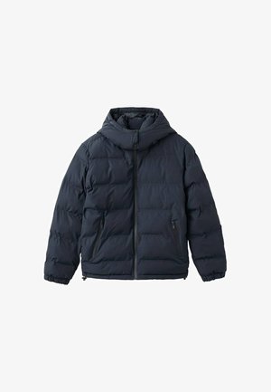 Marineblå pufferjakke med hætte, der har et kviltet design, lynlåslommer og elastiske manchetter for varme og komfort.