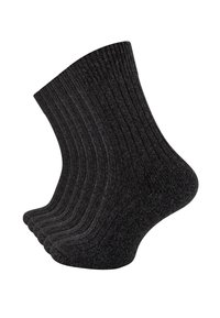 Un paio di calzini a coste grigi scuri esposti affiancati su uno sfondo bianco.